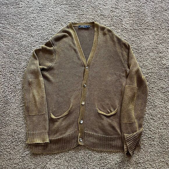 Polo Ralph Lauren Cardigan Mens XL Green Linen Knit Heavyweight Italian Yarn